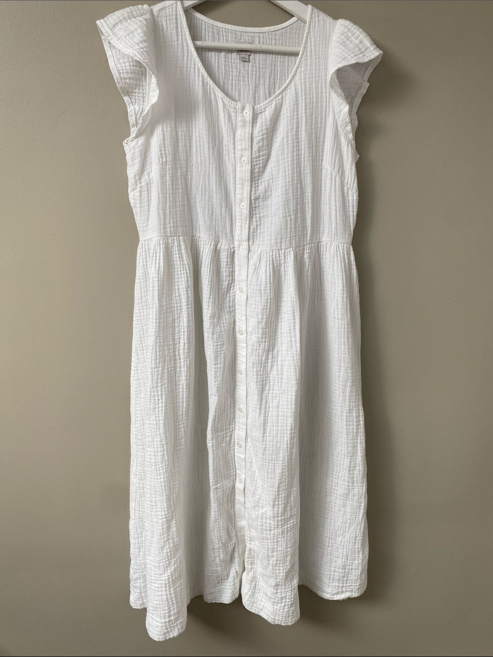 LOFT BEACH White Button Front Cotton Gauze Flutter Sleeve Midi Dress small
